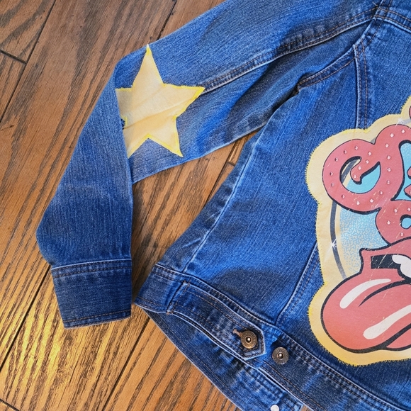 Upcycled Handmade Rolling Stones Denim Jacket with Star Accents - Picture 3 of 4